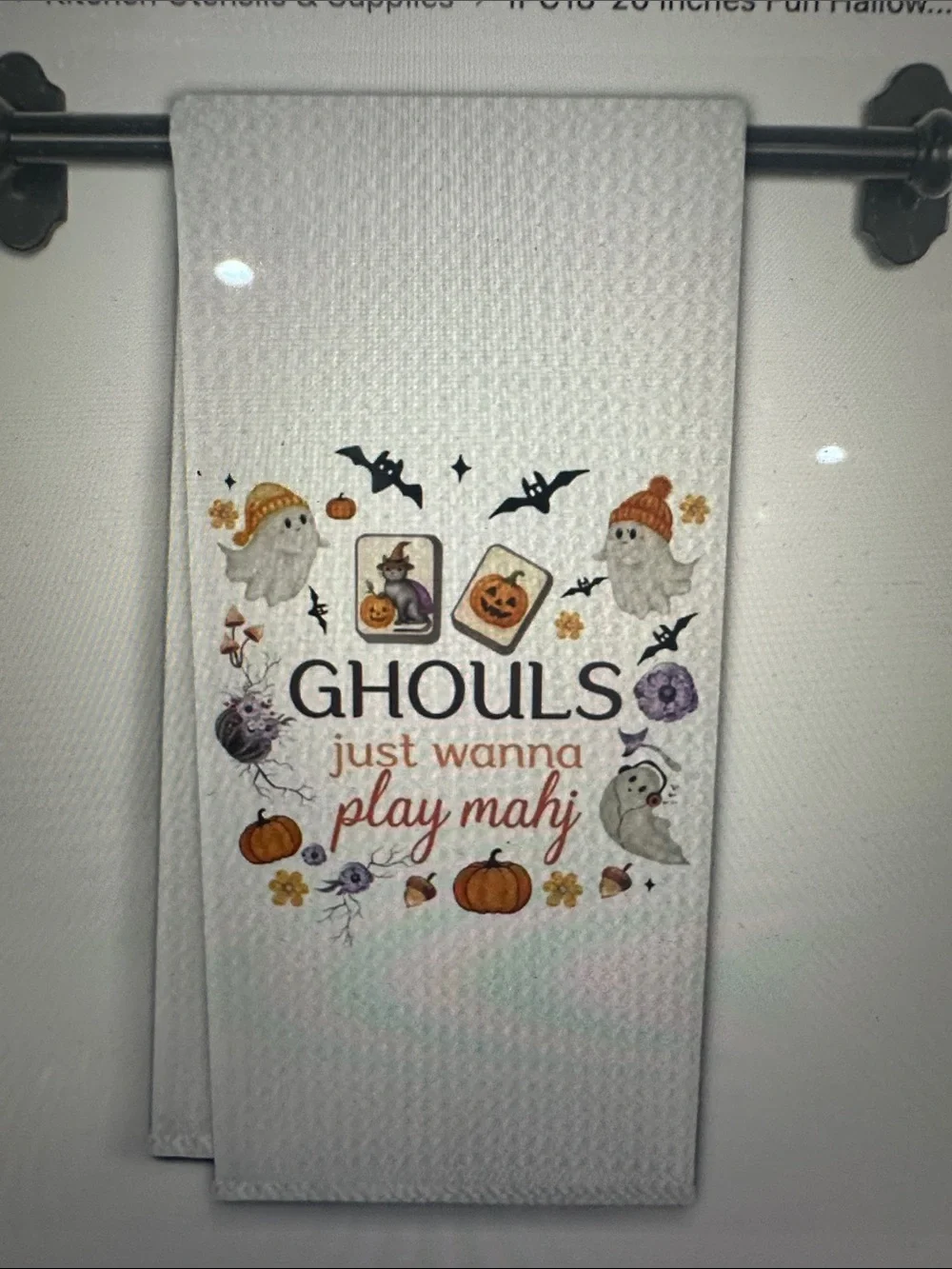 Halloween 'Ghouls Just Wanna Play Mahj' White Kitchen Towel new